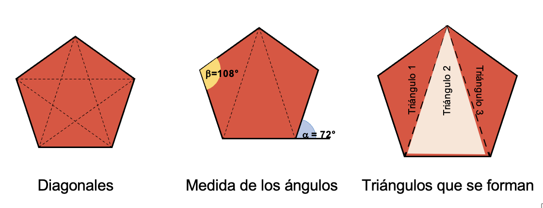 Diagonales, medida y triángulos de un pentágono.